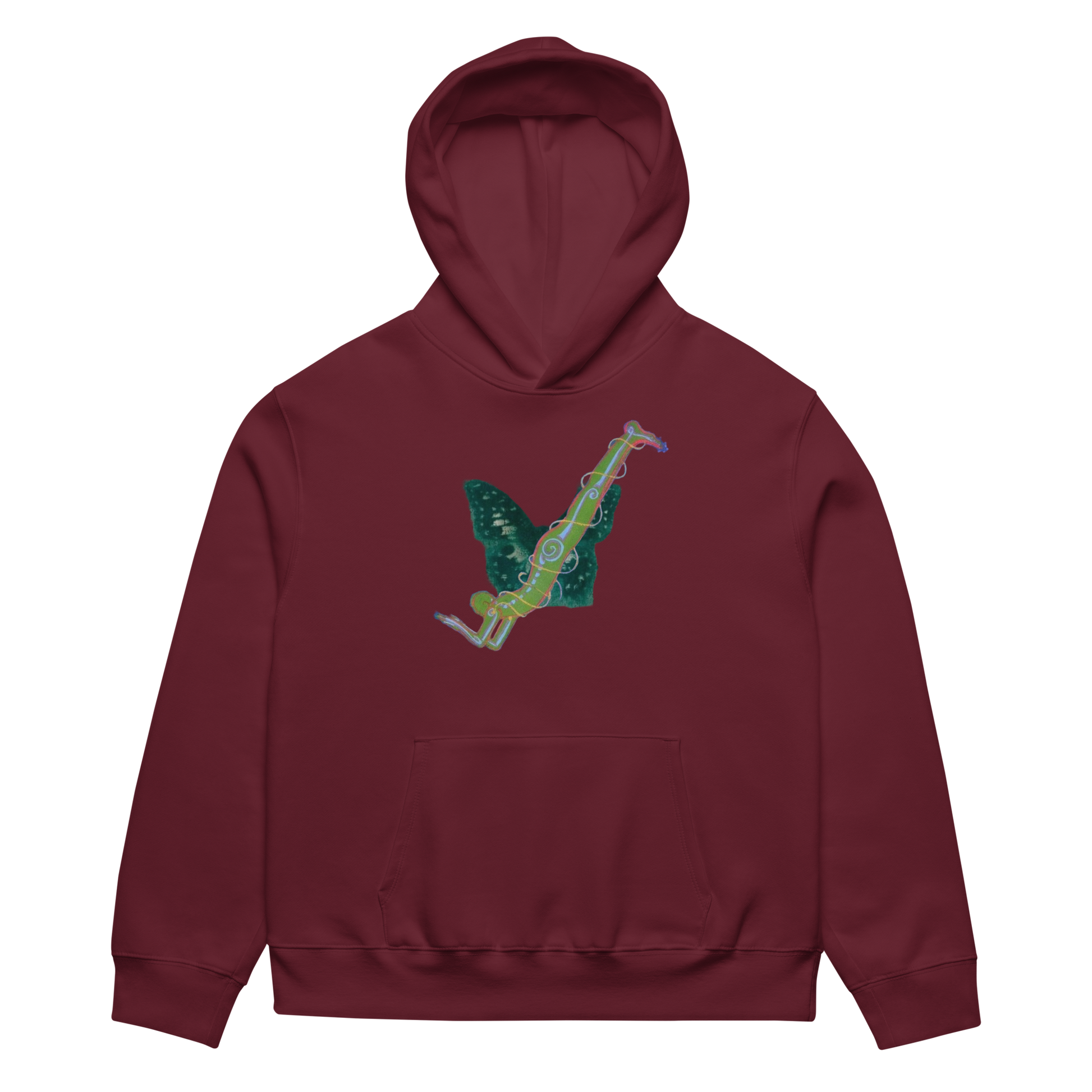 Maroon hoodie with a green and pink graphic on the back against a white background