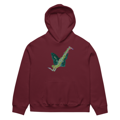 Maroon hoodie with a green and pink graphic on the back against a white background