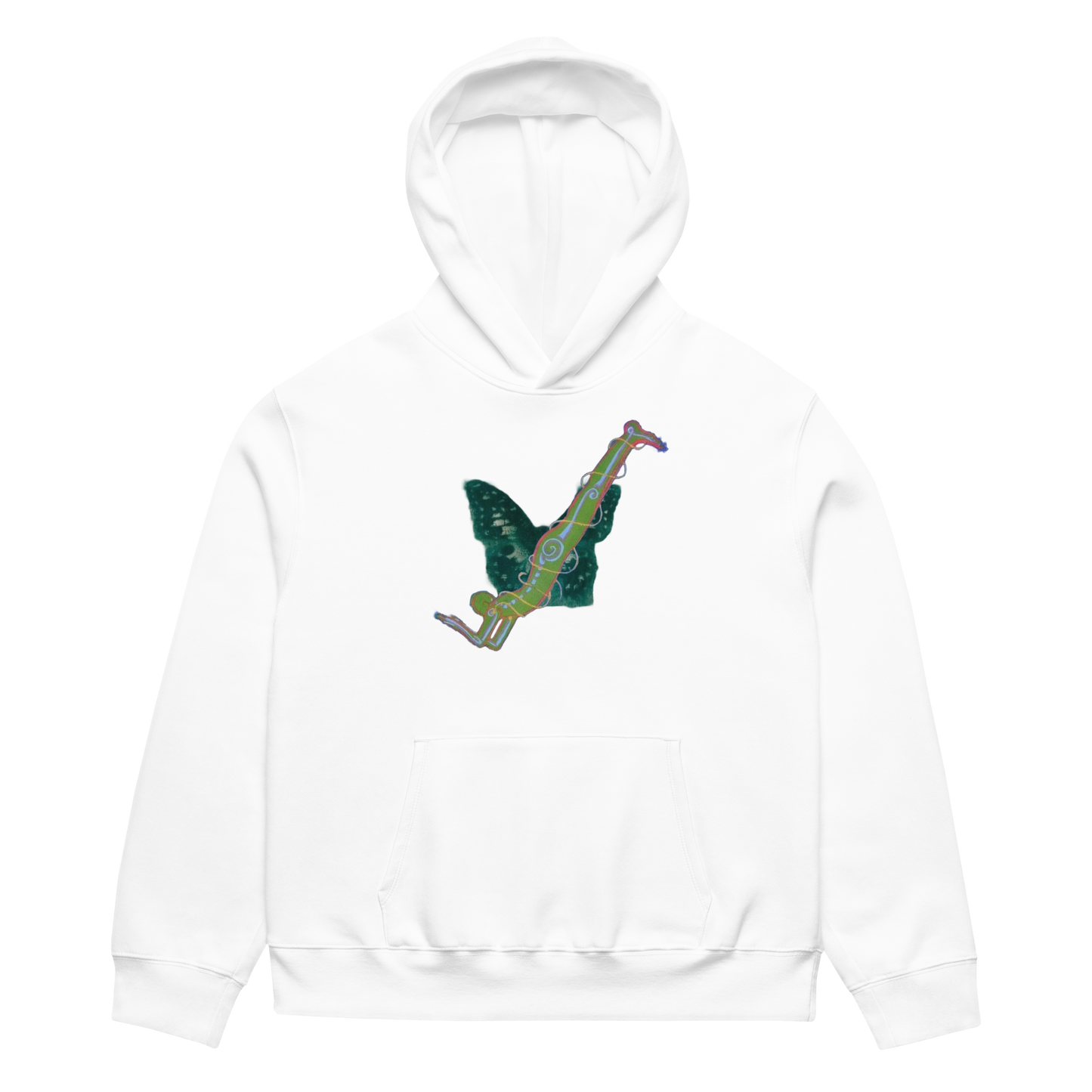 White hoodie with a green dinosaur design on a white background