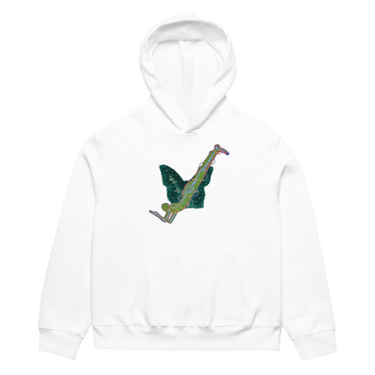 White hoodie with a green dinosaur design on a white background