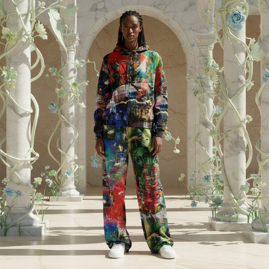 A model stands in a grand, sunlit architectural corridor with white marble arches and sculptural vines, wearing a matching two-piece tracksuit with a highly colorful, abstract graffiti-style print. The outfit features a zip-up hoodie and wide-leg pants in a vibrant mix of red, green, blue, yellow, and black.