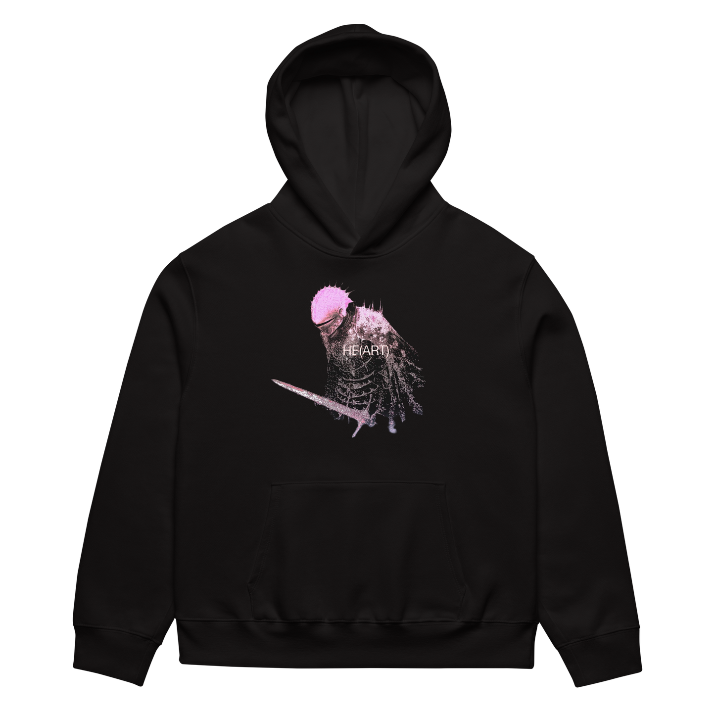 Black hoodie with a graphic design on a white background