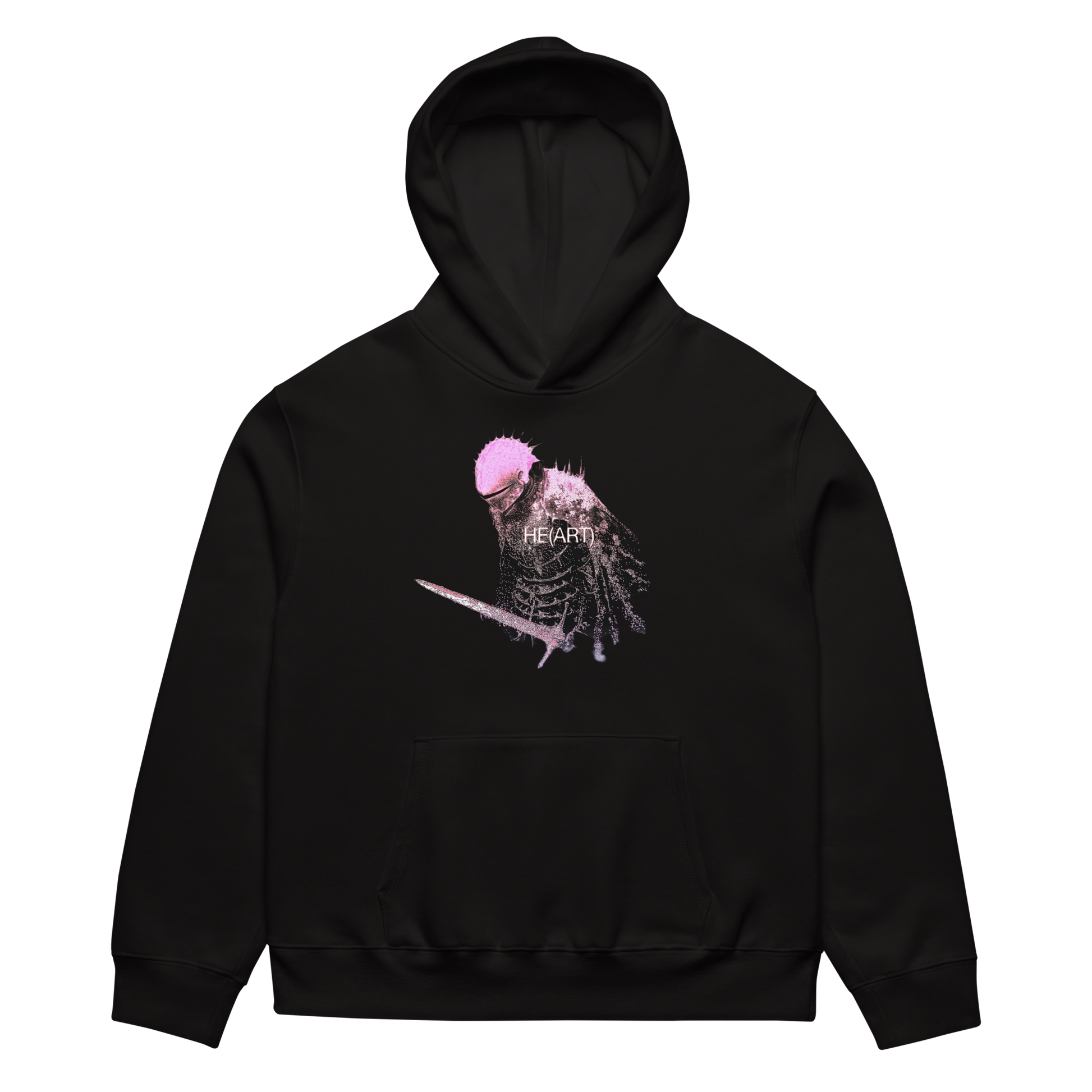Black hoodie with a graphic design on a white background