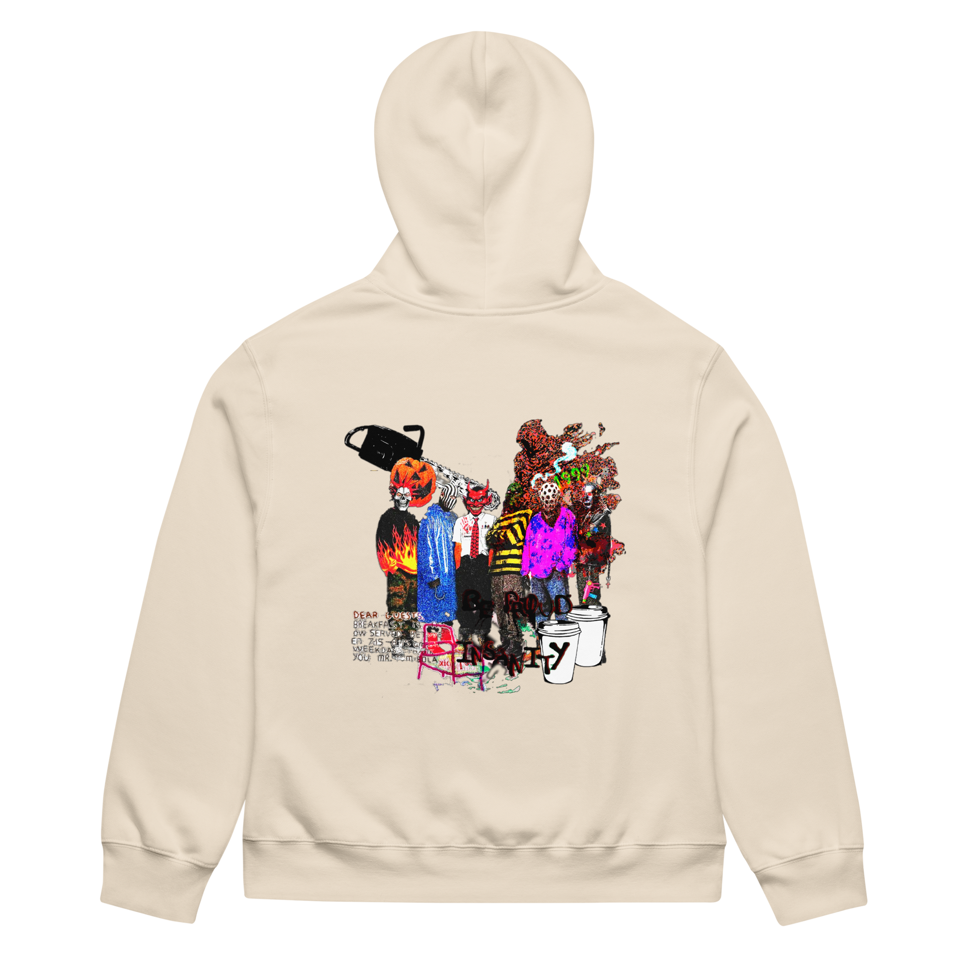 Beige hoodie with colorful graphic design on the back against a white background