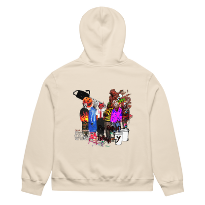 Beige hoodie with colorful graphic design on the back against a white background