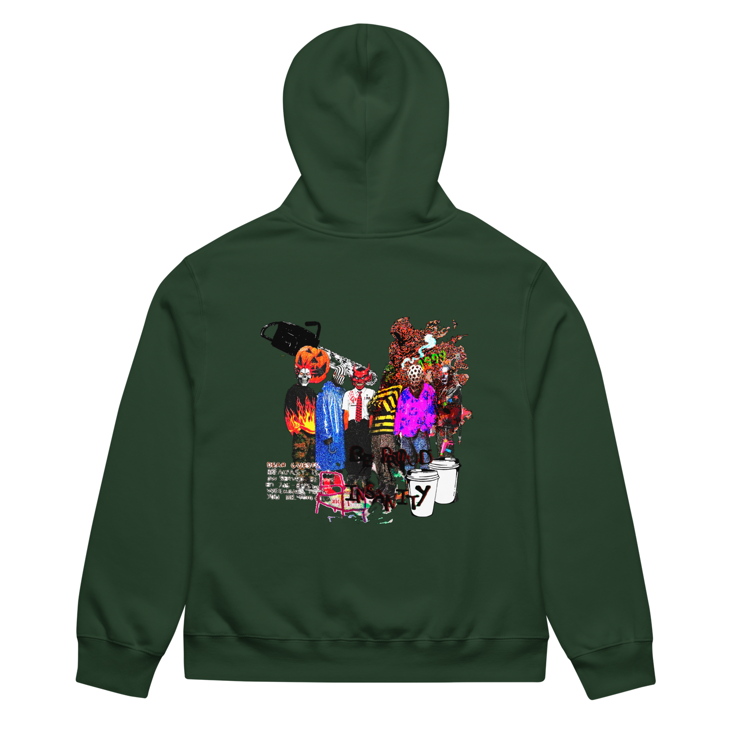 Green hoodie with colorful graphic design on the back against a white background