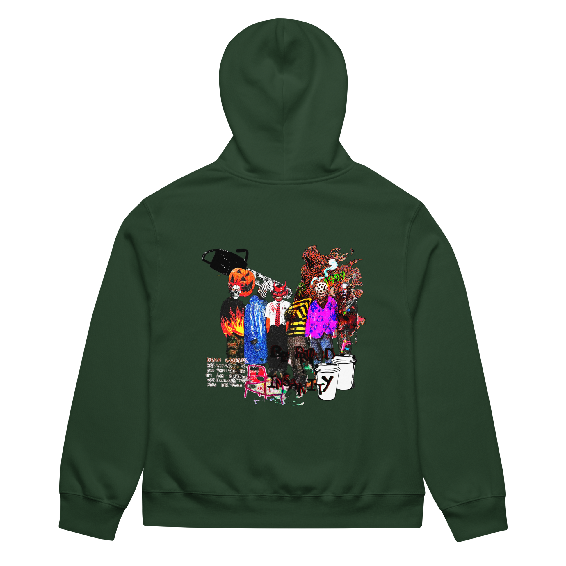 Green hoodie with colorful graphic design on the back against a white background