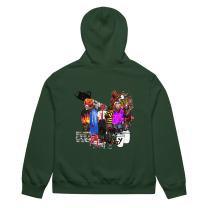 Green hoodie with colorful graphic design on the back against a white background
