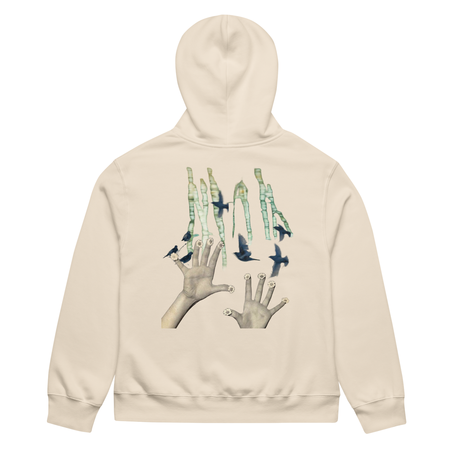 Beige hoodie with a graphic design on the back featuring hands and birds on a white background