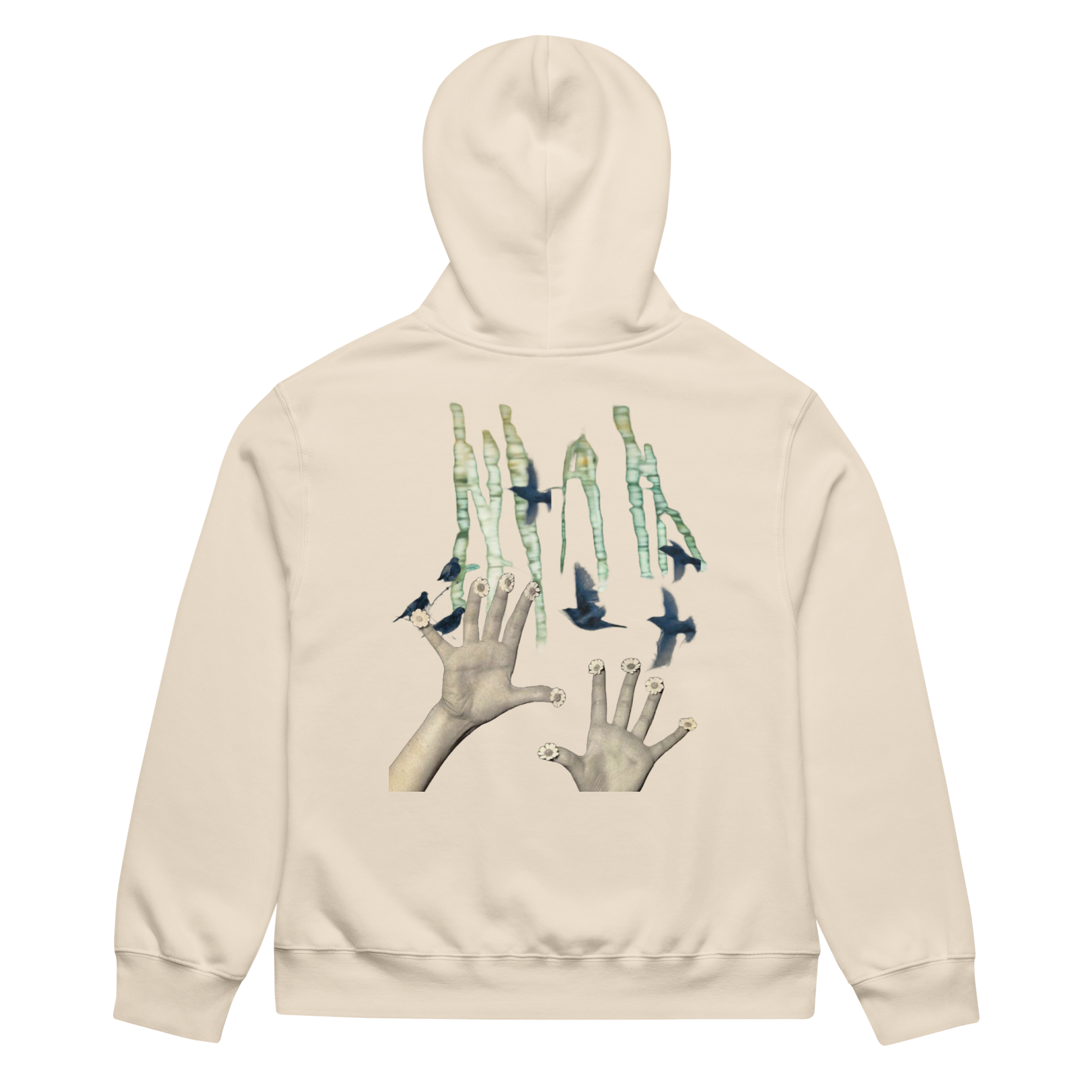 Beige hoodie with a graphic design on the back featuring hands and birds on a white background