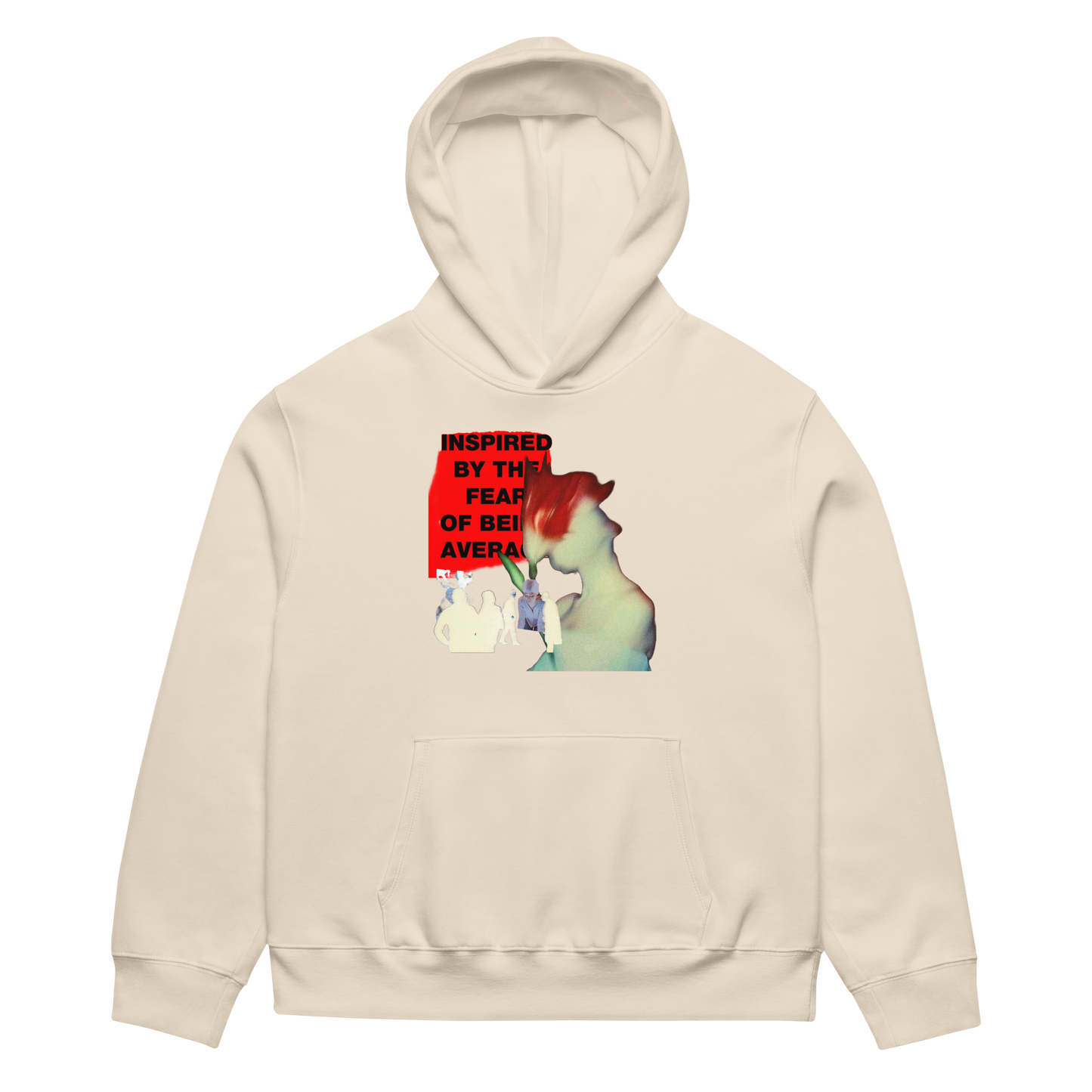 Beige hoodie with graphic design on a white background