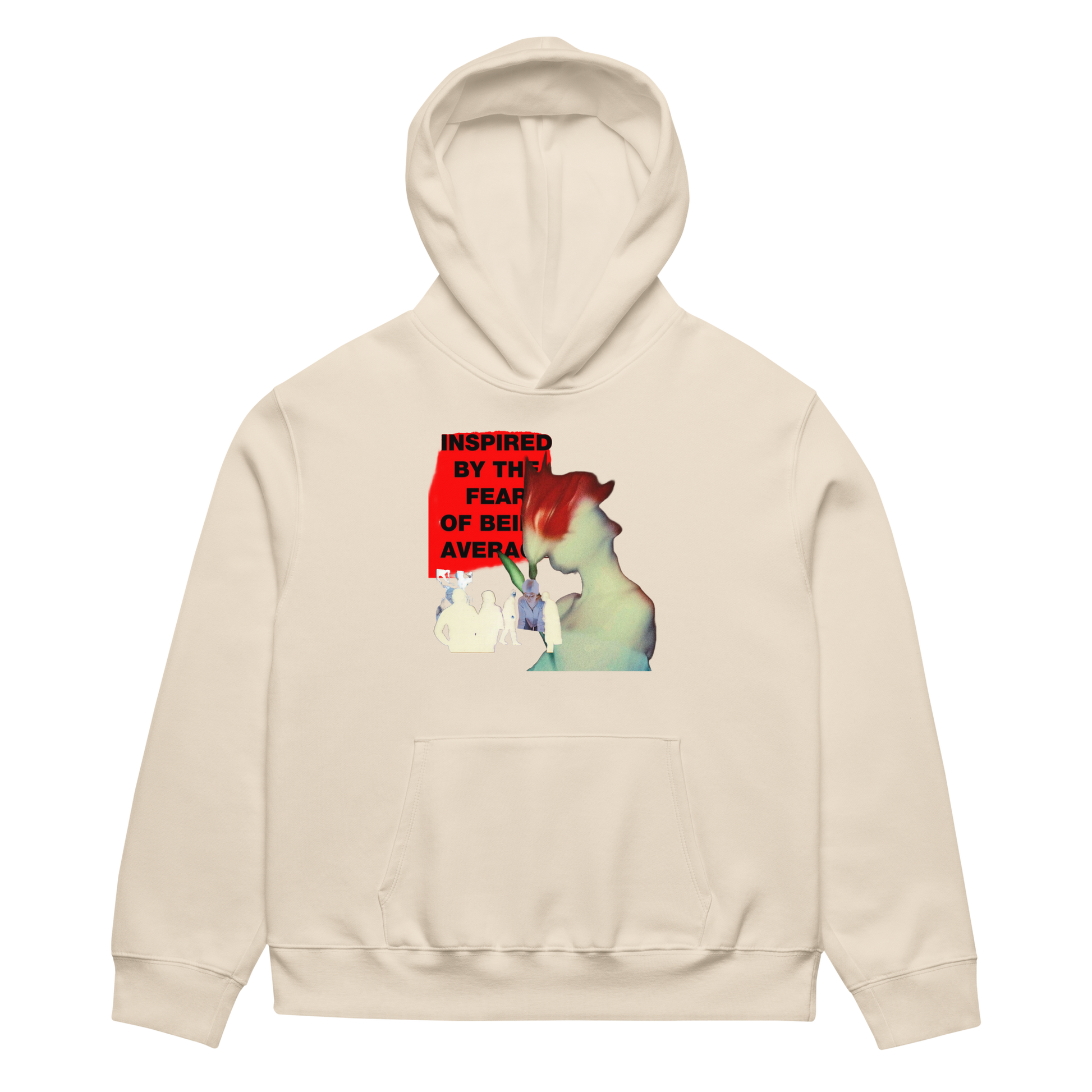 Beige hoodie with graphic design on a white background