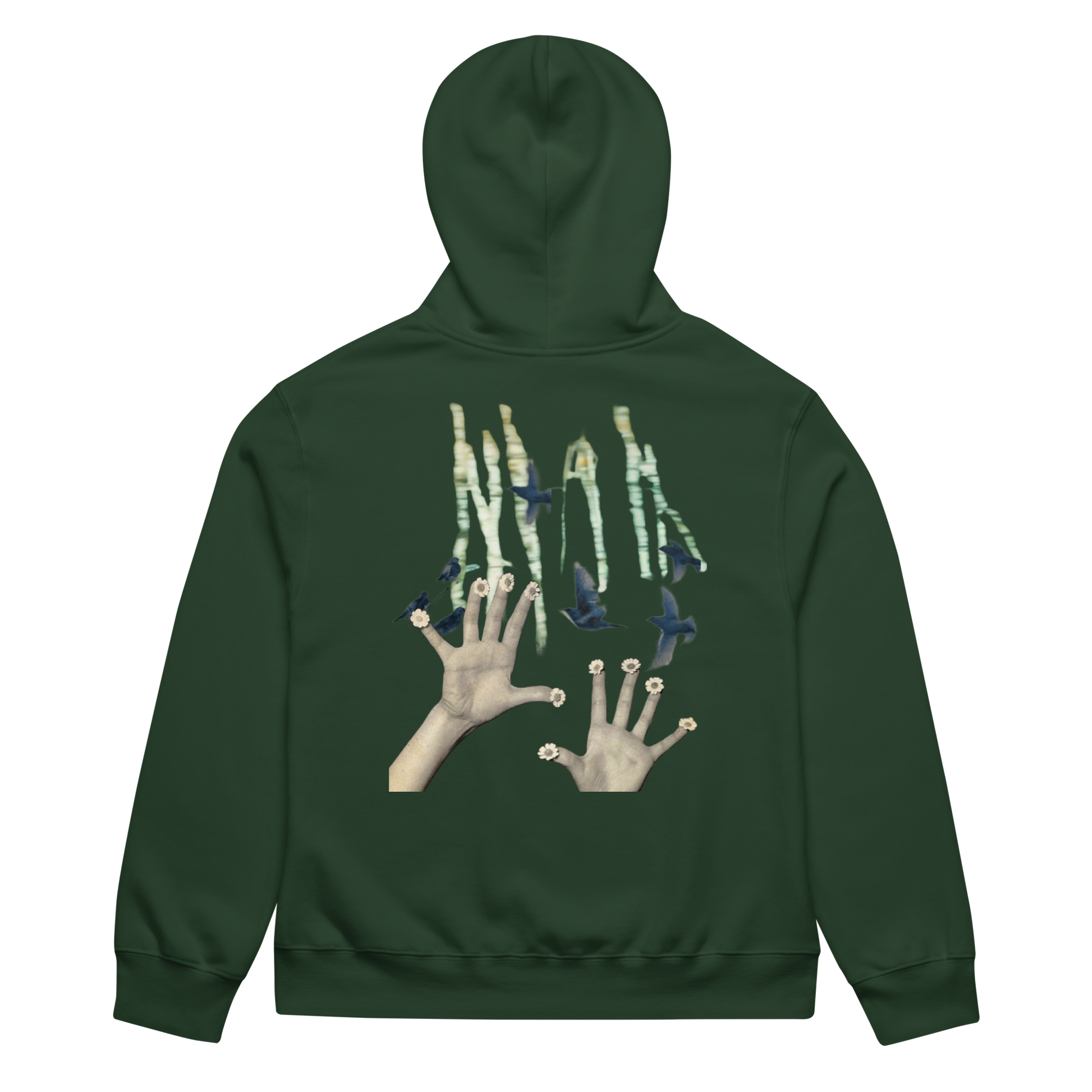 Green hoodie with artistic designs on the back against a white background