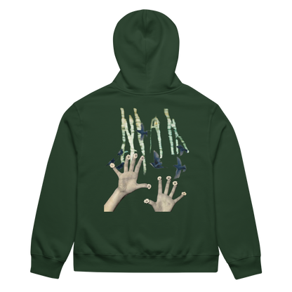 Green hoodie with artistic designs on the back against a white background