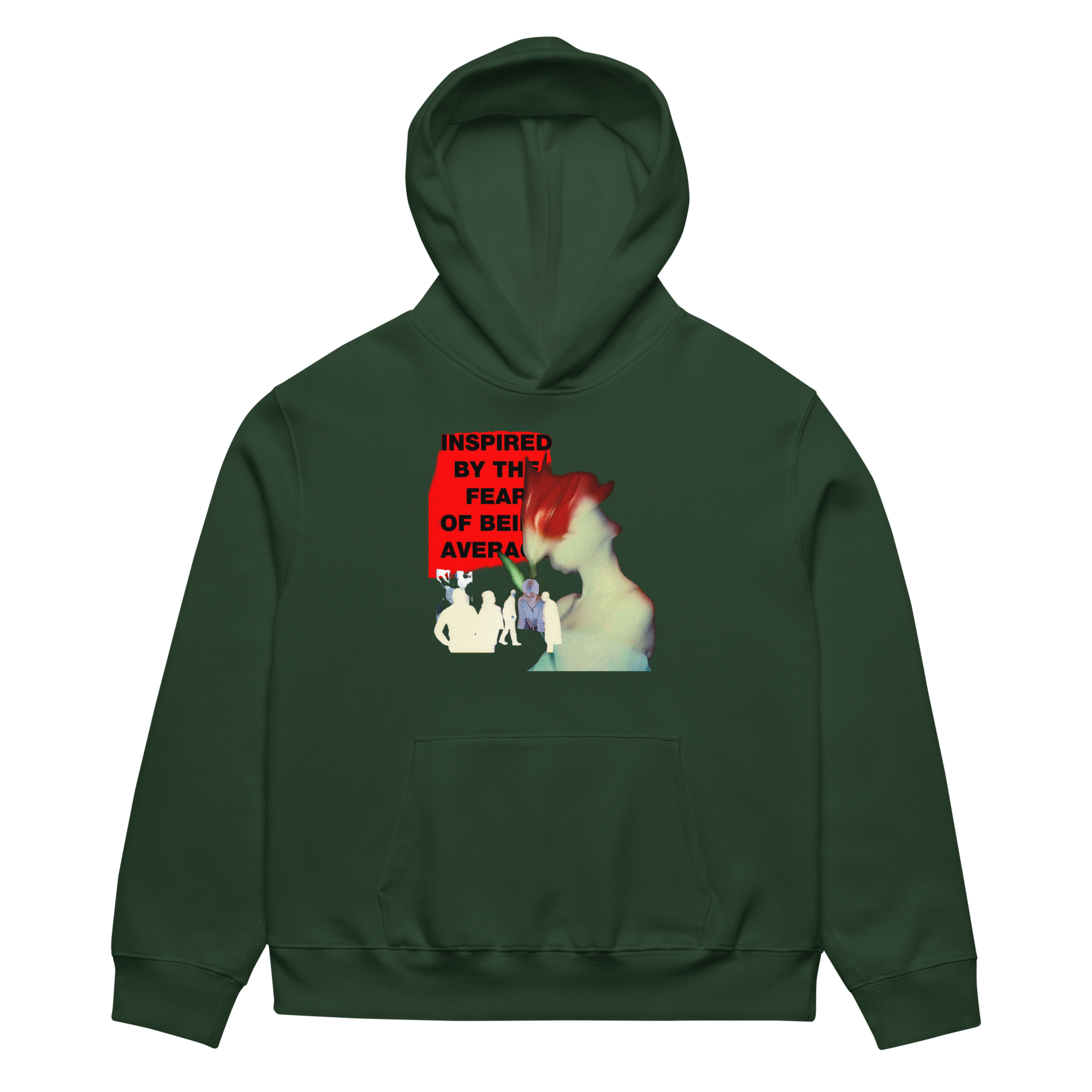 Green hoodie with a graphic design on the chest against a white background