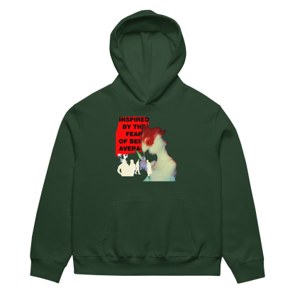 Green hoodie with a graphic design on the chest against a white background
