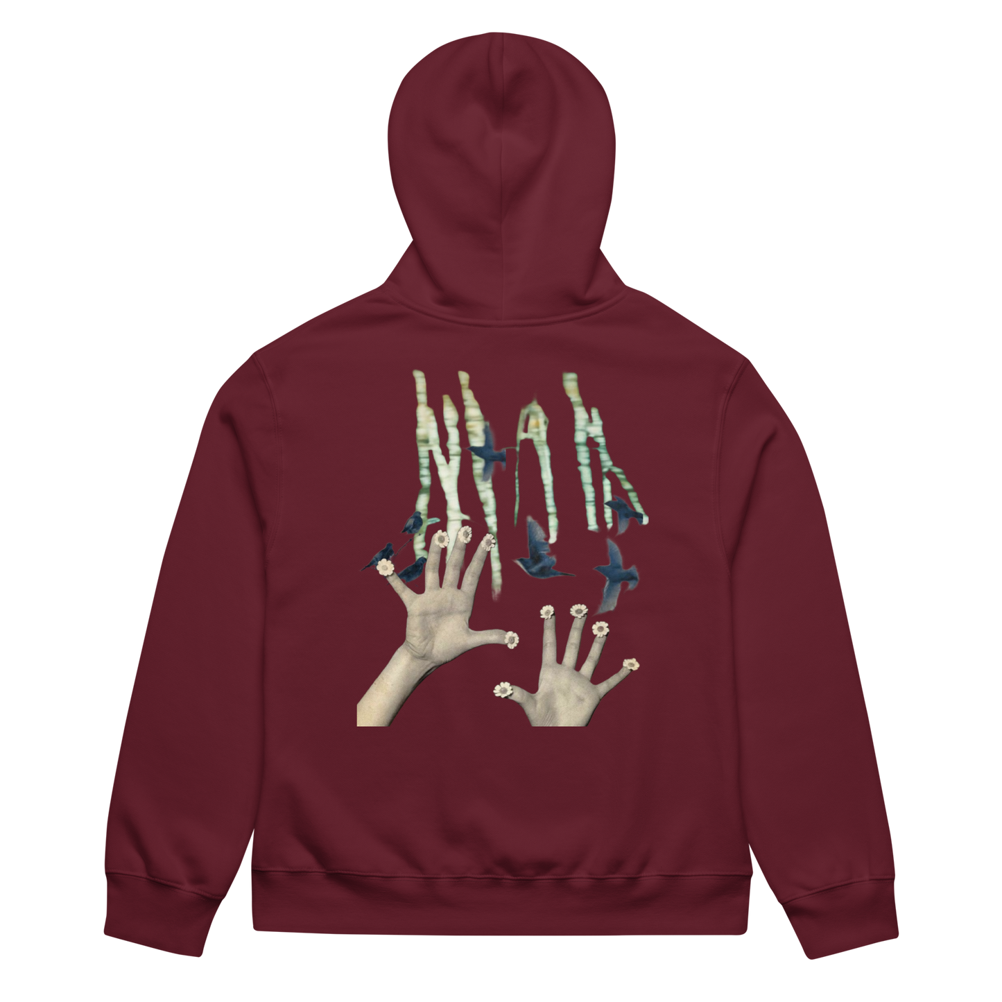 Maroon hoodie with a graphic design on the back featuring hands and stars on a white background