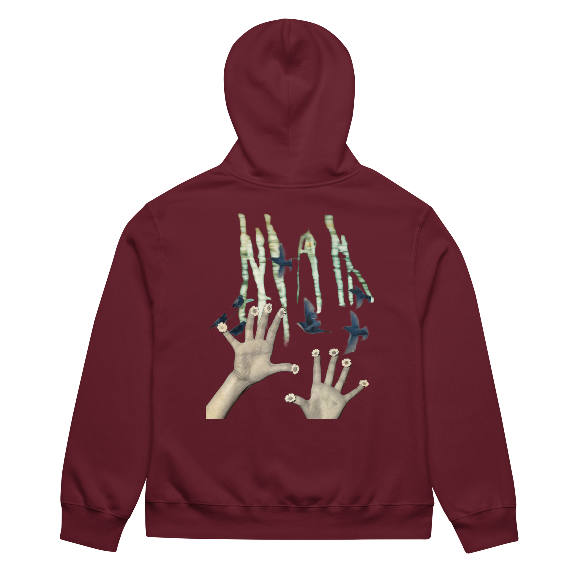 Maroon hoodie with a graphic design on the back featuring hands and stars on a white background