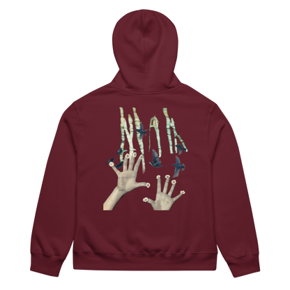 Maroon hoodie with a graphic design on the back featuring hands and stars on a white background