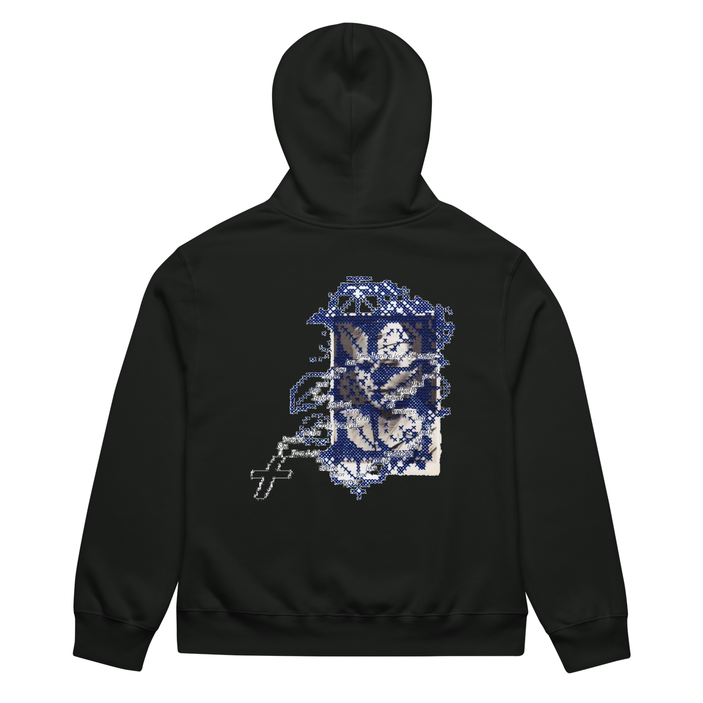 Black hoodie with blue and white graphic design on the back against a white background