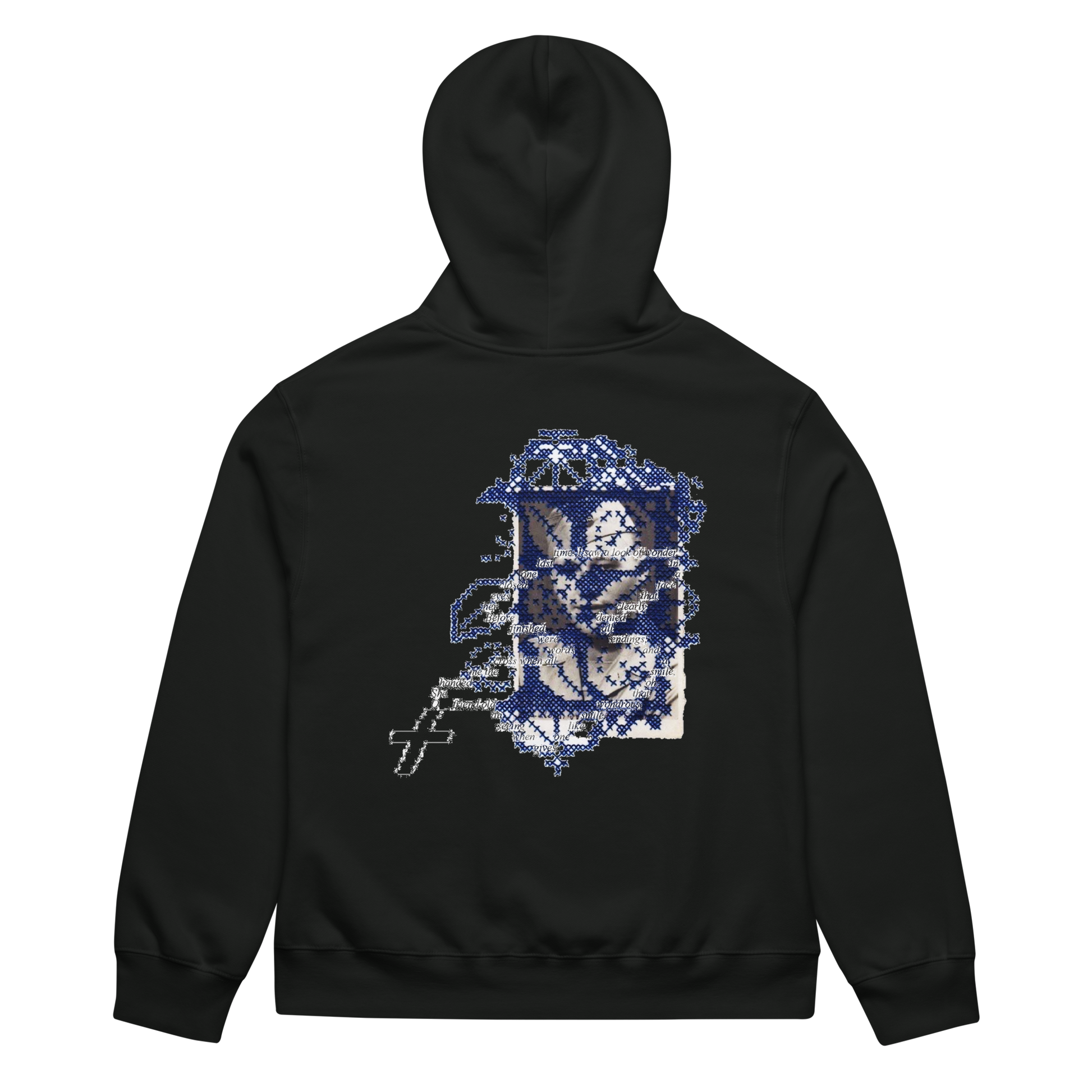 Black hoodie with blue and white graphic design on the back against a white background