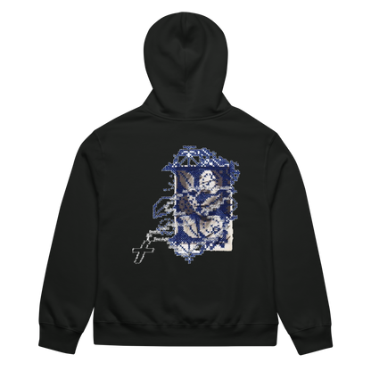 Black hoodie with blue and white graphic design on the back against a white background