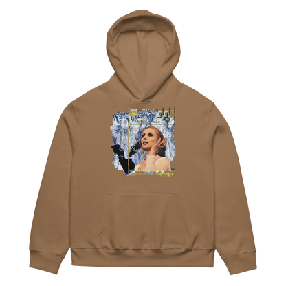 Brown hoodie with a graphic design on the back against a white background