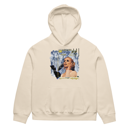 Beige hoodie with graphic design on a white background