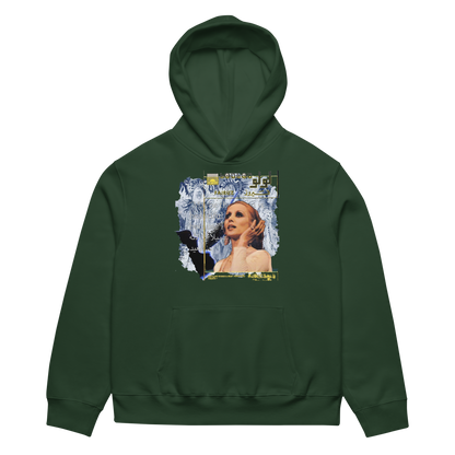 Green hoodie with a graphic design on the chest against a white background