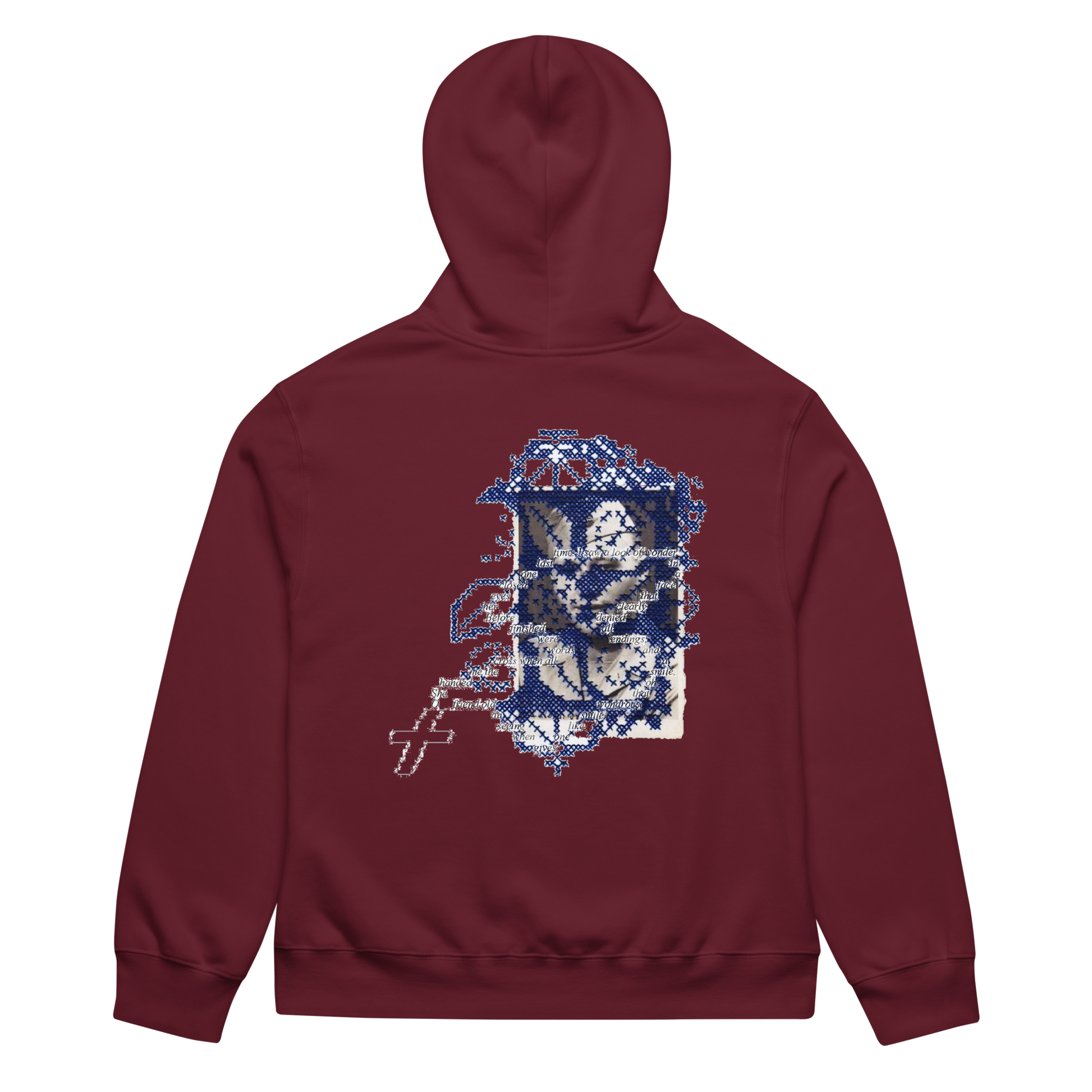 Maroon hoodie with a decorative back design on a white background