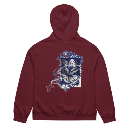 Maroon hoodie with a decorative back design on a white background