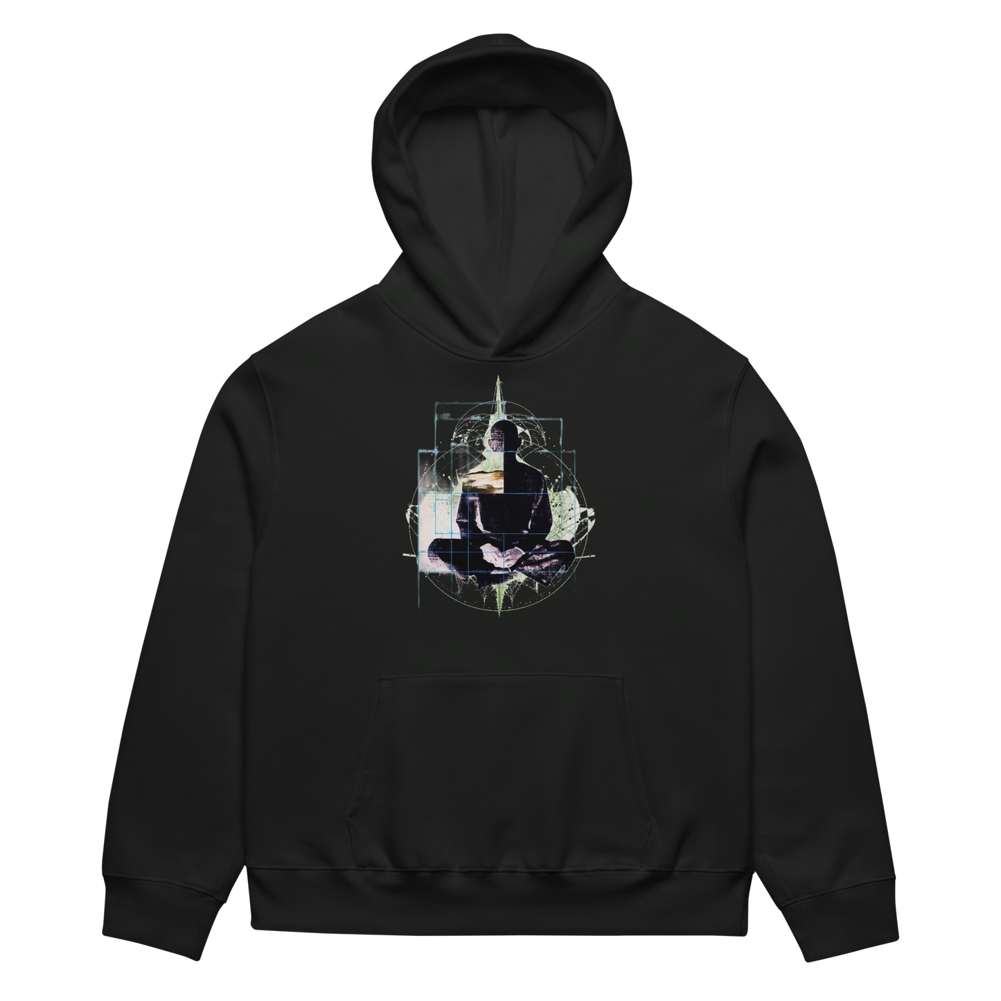 Black hoodie with a graphic design on the chest against a white background