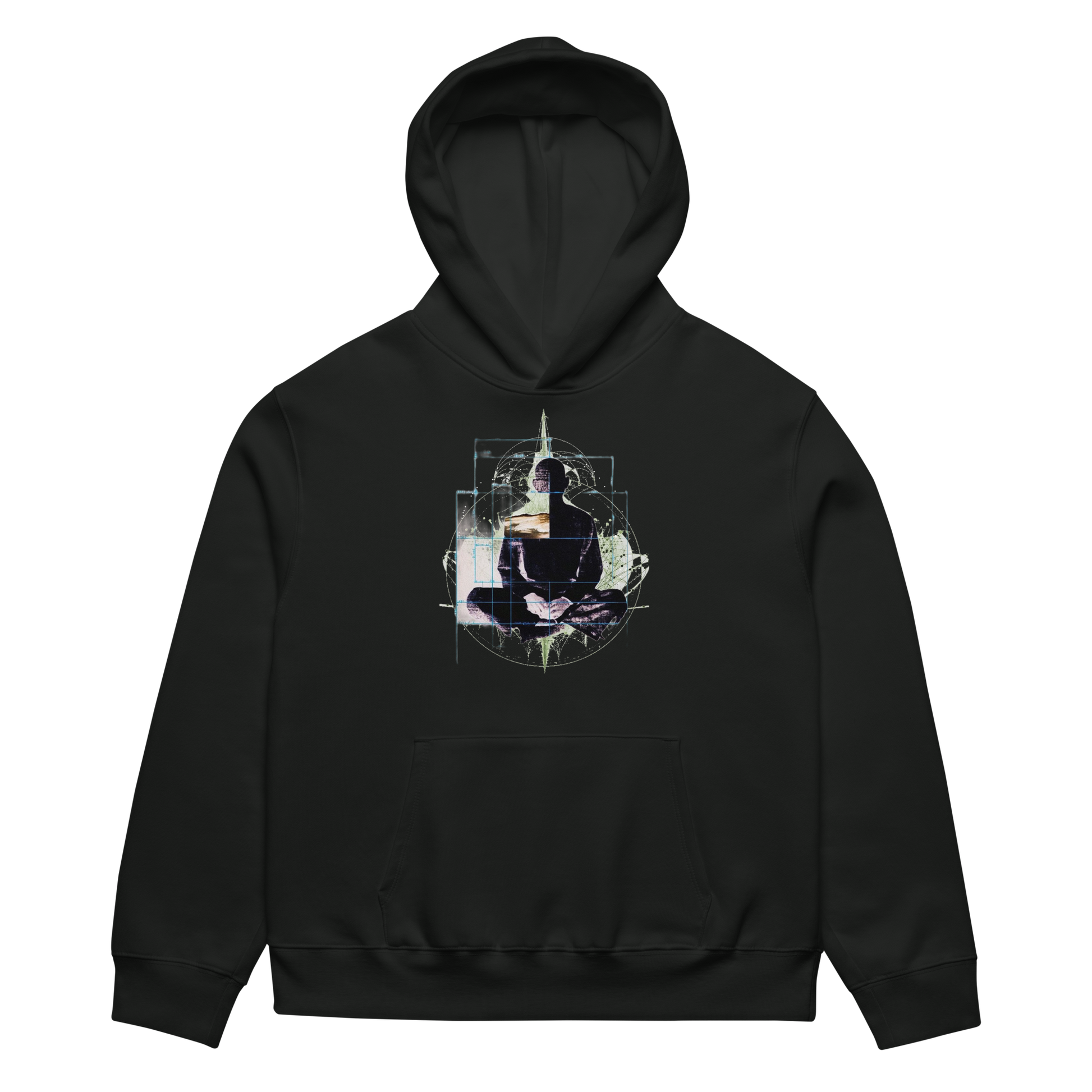 Black hoodie with a graphic design on the chest against a white background
