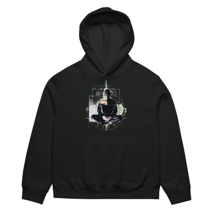 Black hoodie with a graphic design on the chest against a white background