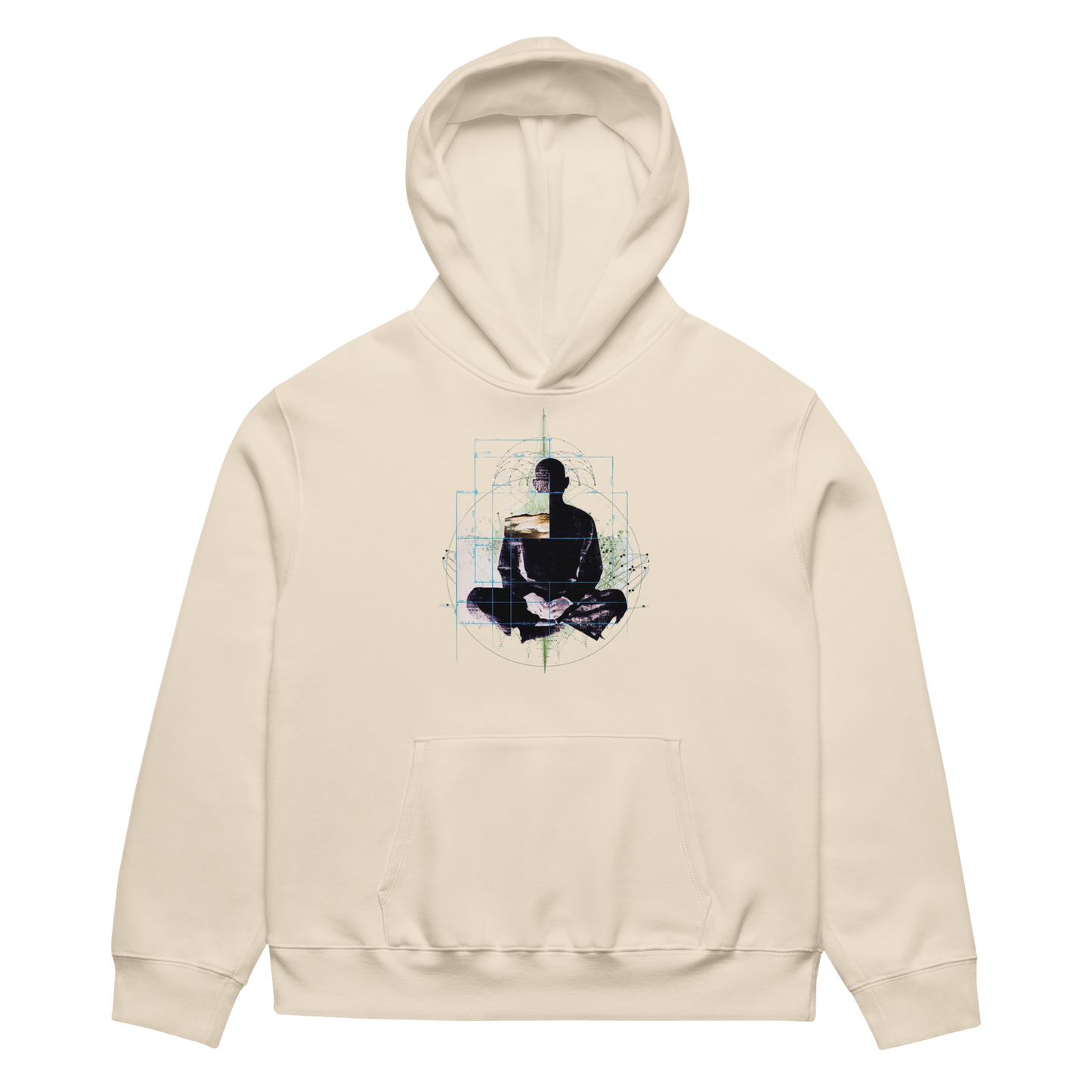 Beige hoodie with a graphic of a person in a meditative pose on a white background