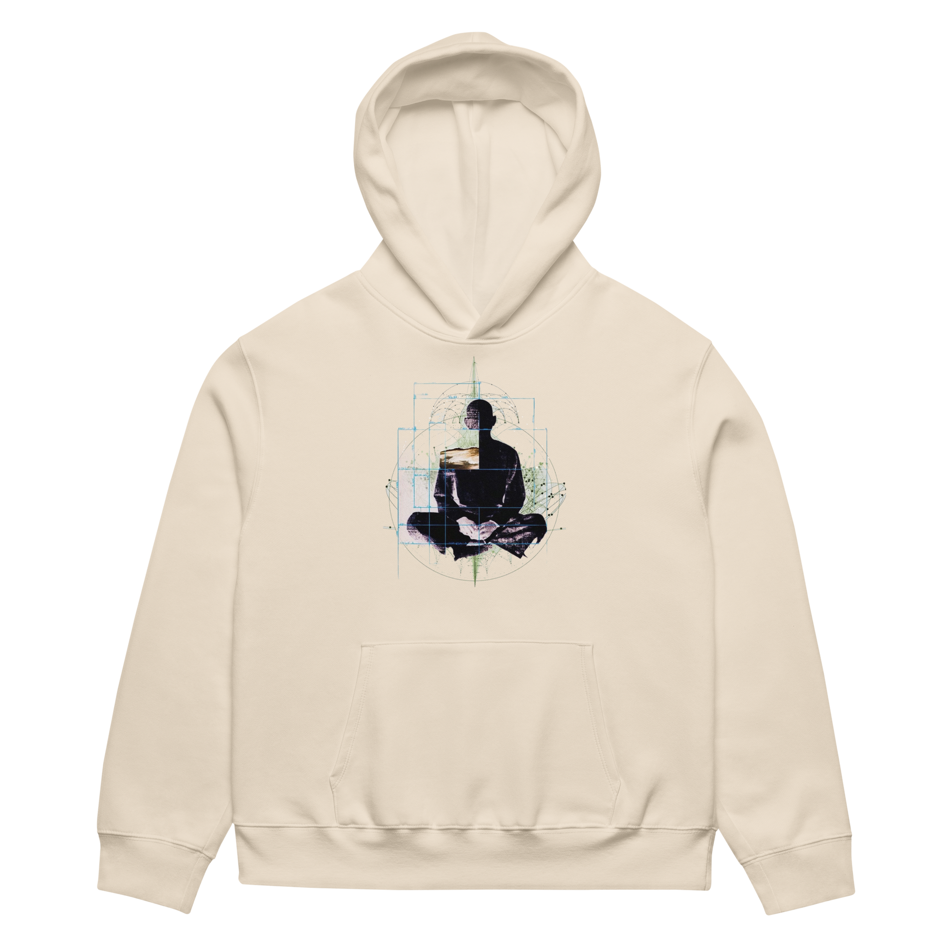Beige hoodie with a graphic of a person in a meditative pose on a white background