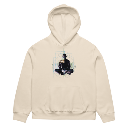 Beige hoodie with a graphic of a person in a meditative pose on a white background