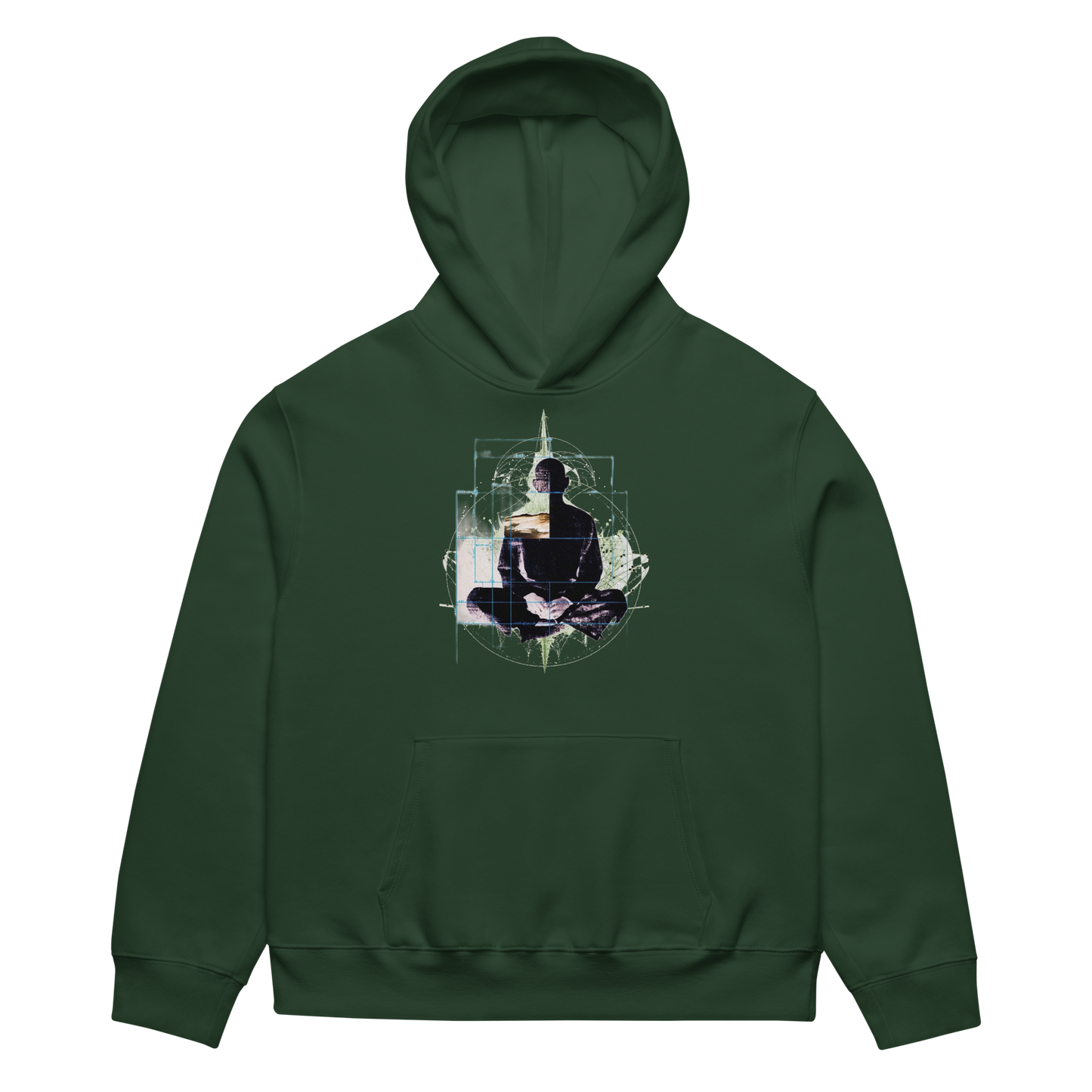 Green hoodie with a graphic of a person sitting in a lotus position on a white background