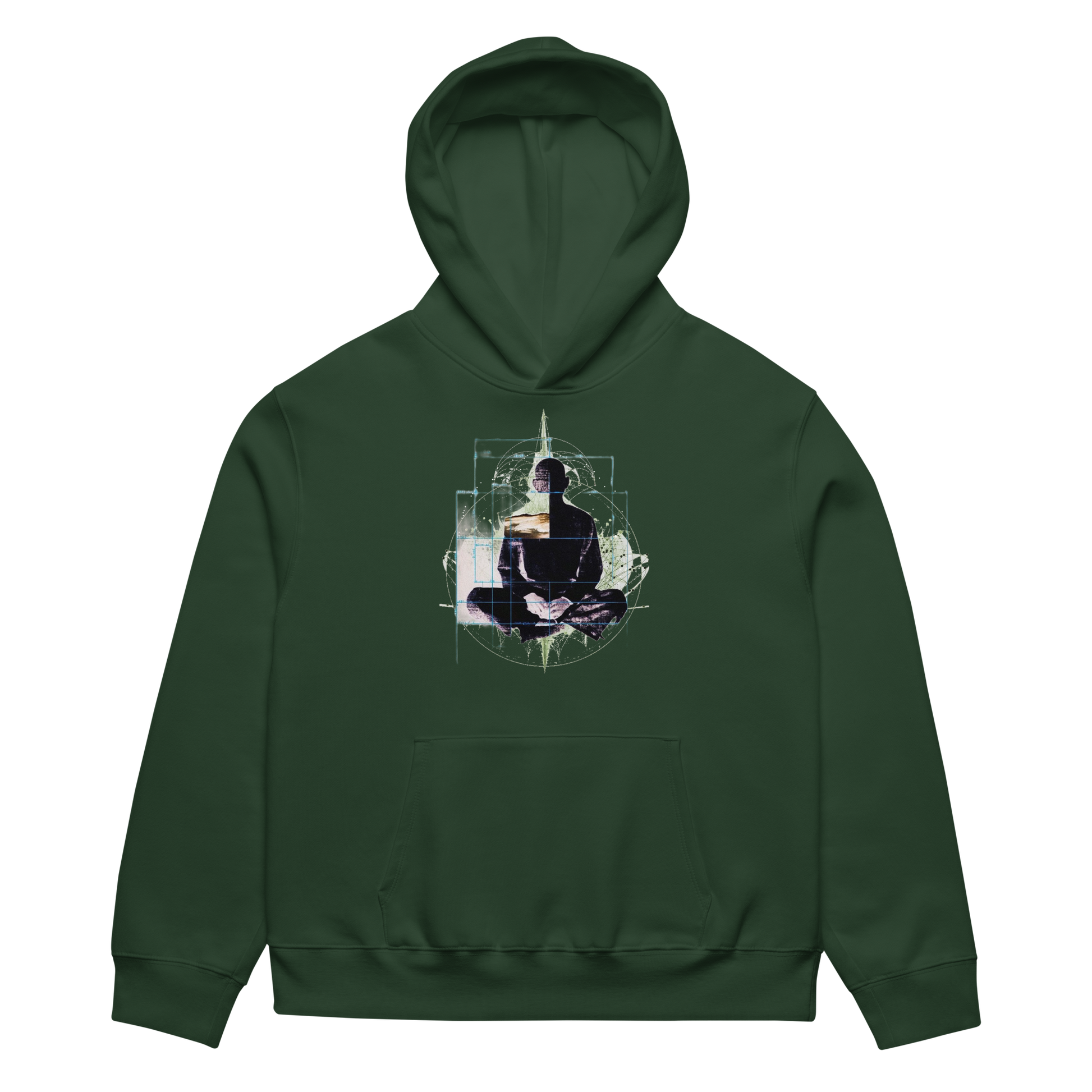 Green hoodie with a graphic of a person sitting in a lotus position on a white background