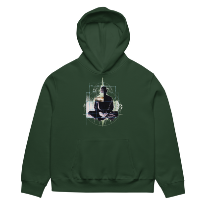 Green hoodie with a graphic of a person sitting in a lotus position on a white background