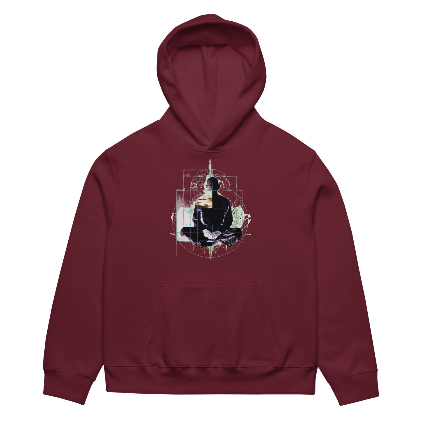 Maroon hoodie with a graphic design on the back against a white background