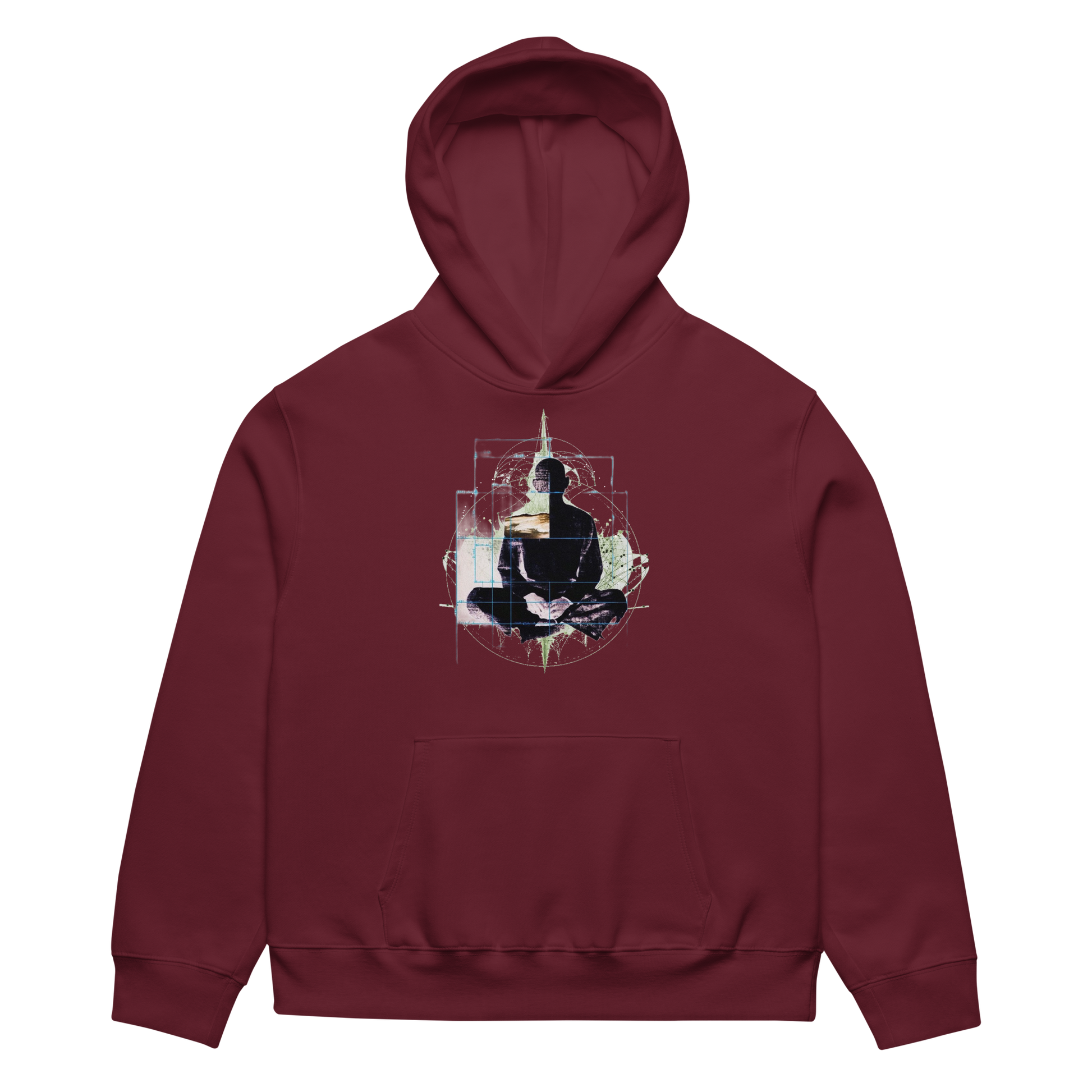 Maroon hoodie with a graphic design on the back against a white background