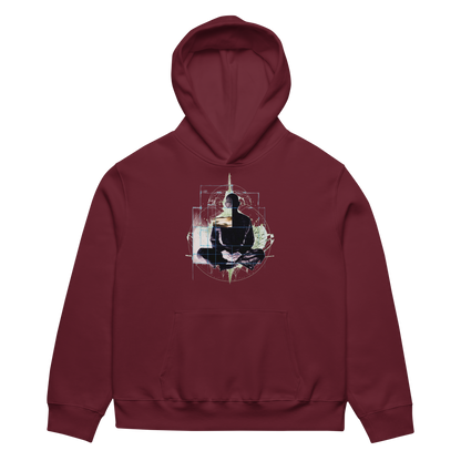 Maroon hoodie with a graphic design on the back against a white background