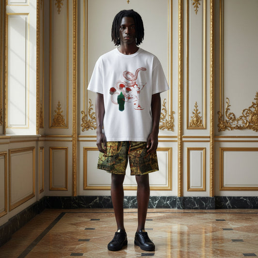 A model stands in a grand, ornate room with gold-trimmed walls and a marble floor, wearing a white graphic t-shirt with a snake and mushroom design, patterned shorts, and black shoes.
