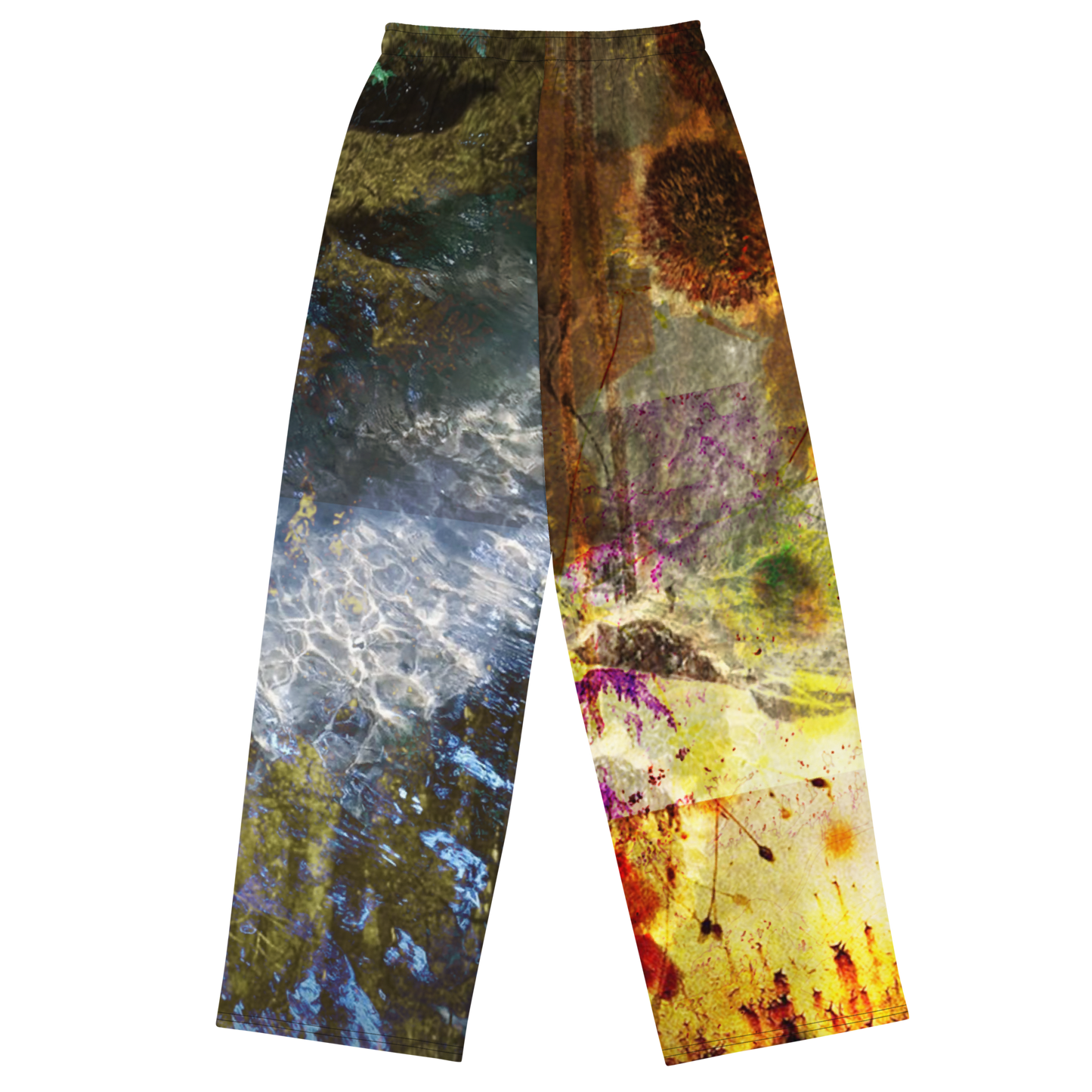 A pair of wide-leg pants featuring a split abstract design: one leg has a blue, gray, and green water-like pattern, while the other has a brown, gold, and purple paint-splatter pattern, shown against a plain white background.