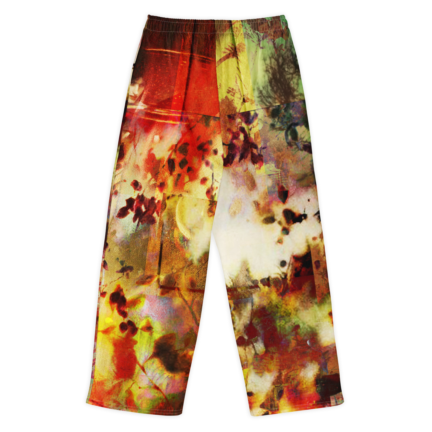 Colorful tie-dye pants on a white background