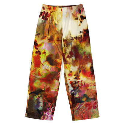Colorful abstract-patterned pants on a white background