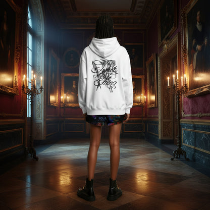 A person standing in a grand, candle-lit historical room, viewed from behind, wearing a white hoodie with a black graphic print on the back, a short dark skirt, and black boots.