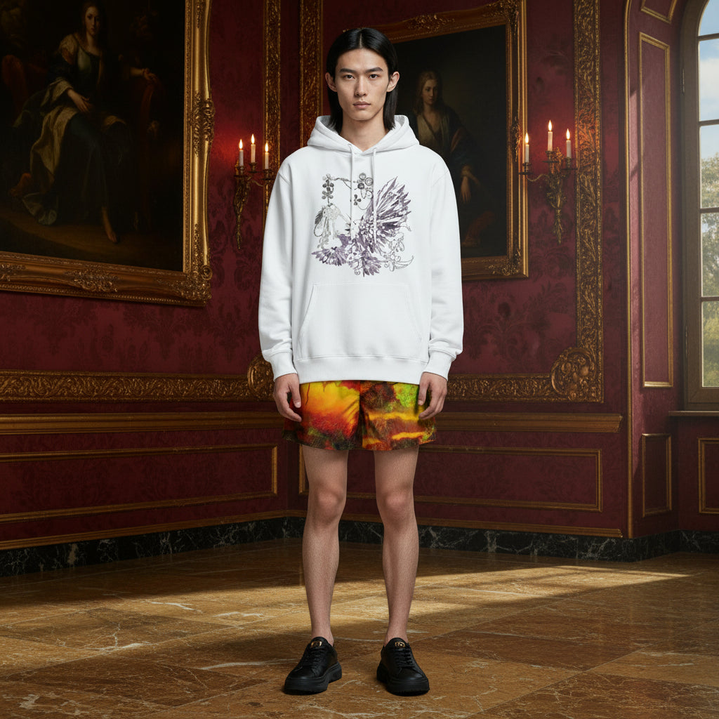 A model stands in a grand, classical room with red walls and gold trim, wearing a white pullover hoodie with a black graphic print and colorful abstract-print shorts.