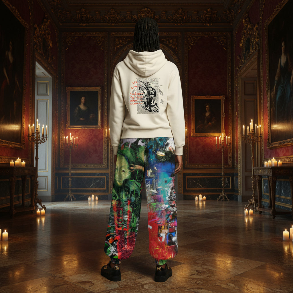 A person stands with their back to the camera in an ornate, candle-lit historical room, wearing a cream hoodie with a graphic print on the back and vibrant, multicolored graffiti-style cargo pants.